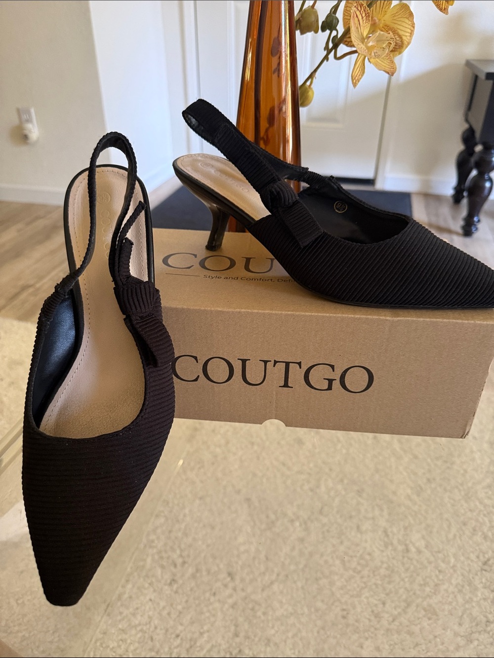 Black Pointed Slingback Heels with Bow Detail
